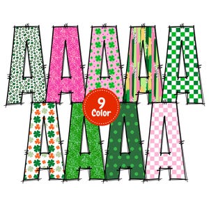 Pu&ograve; includere: Nove diverse lettere A con motivi in varie tonalit&agrave; di verde, rosa e bianco. Le lettere sono contornate di nero e hanno un effetto 3D. Il testo "9 Color" &egrave; scritto in bianco su un cerchio rosso.