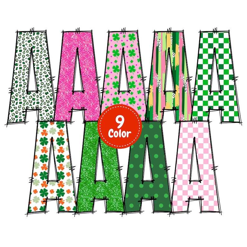 Pu&ograve; includere: Nove diverse lettere A con motivi in varie tonalit&agrave; di verde, rosa e bianco. Le lettere sono contornate di nero e hanno un effetto 3D. Il testo "9 Color" &egrave; scritto in bianco su un cerchio rosso.