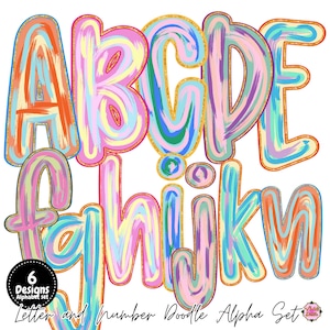 May include: A digital alphabet set featuring letters A through N in a hand-drawn style with brushstroke textures in pastel pink, blue, orange, and yellow. Each letter has a gold glitter outline. A black circular badge reads 6 Designs Alphabet set.