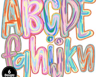 Puede incluir: Un conjunto de alfabeto digital con las letras A a N en un estilo dibujado a mano con texturas de pinceladas en rosa pastel, azul, naranja y amarillo. Cada letra tiene un contorno de purpurina dorada. Una insignia negra dice 6 Designs Alphabet set.