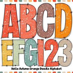 Alfabeto grunge escrito a mano / Letras de garabatos para tablón de anuncios de otoño: maestro, alfabeto y números, conjunto de alfabeto de Acción de Gracias de otoño