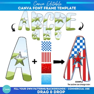 Plantilla de marco de Canva con estrellas, alfabeto, sublimación, patrón de relleno personalizado, fuente, marco de Canva, relleno de alfabeto, monograma de marco de Canva