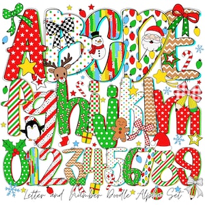 May include: A colorful Christmas-themed doodle set featuring letters and numbers. The letters and numbers are decorated with festive patterns, including stars, stripes, polka dots, and holiday characters like Santa, a snowman, and a gingerbread man. The text at the bottom reads "Letter and Number Doodle Alpha Set."