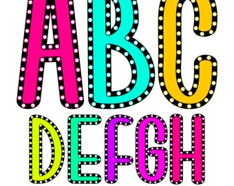 Bright Neon Dalmatian Dots Font: Polka Dot Alphabet, Marquee Letters PNG, Doodle Dot Font, Dot Alphabet PNG, Kid Font, Teacher Font