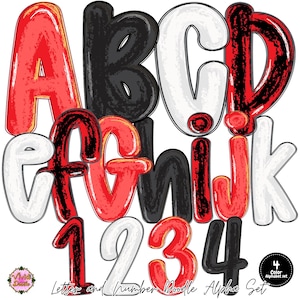 May include: A digital graphic set featuring the letters A through K and numbers 1 through 4 in a hand-drawn doodle style. The characters are rendered in a color palette of red, black, and white with textured, sketchy fill patterns and bold outlines.