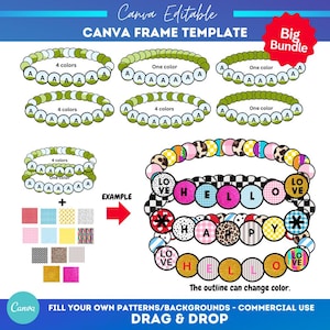May include: A digital template for bracelets with customizable patterns and backgrounds. The design includes multiple bracelet examples with the text "HELLO HAPPY" and "LOVE" on the beads. The template is editable in Canva and allows for commercial use.