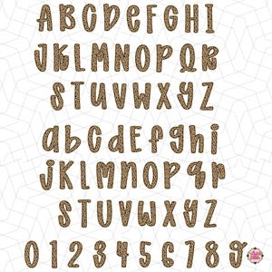 May include: A complete alphabet and number set in a leopard print design. The uppercase and lowercase letters, along with numbers 0-9, are displayed in a playful, rounded font. The letters and numbers are brown with black spots.
