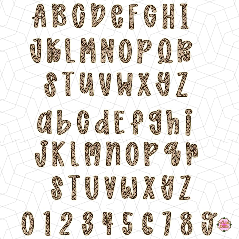May include: A complete alphabet and number set in a leopard print design. The uppercase and lowercase letters, along with numbers 0-9, are displayed in a playful, rounded font. The letters and numbers are brown with black spots.