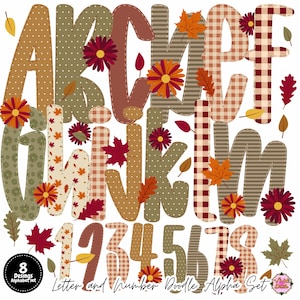 May include: A digital alphabet and number set featuring letters and digits decorated with autumn-themed patterns like polka dots, stripes, and plaid in shades of brown, tan, and olive green, accented with colorful fall leaves and flowers.