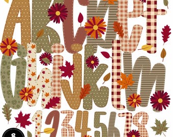 May include: A digital alphabet and number set featuring letters and digits decorated with autumn-themed patterns like polka dots, stripes, and plaid in shades of brown, tan, and olive green, accented with colorful fall leaves and flowers.