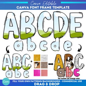 Canva Frame doodle lettere dell'alfabeto maiuscole, minuscole e numeri / Modello di riempimento personalizzato / Trascina e rilascia personalizzabile / Cornici Canva Lettere
