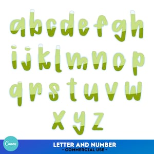 May include: A full alphabet of lowercase letters in a playful, rounded font. Each letter is a gradient of light and dark green, with a white outline. The image also includes the text "LETTER AND NUMBER - COMMERCIAL USE".