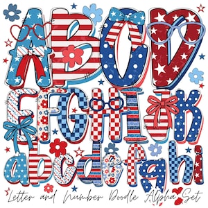 Letras de rabiscos retrô da bandeira americana | Alfabeto patriótico da bandeira americana | Pacote de 4 de julho | Laço coquete dos EUA | Flor | Xadrez | Design de pontos