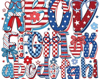 Retro American flag doodle letters | Patriotic American Flag Alphabet | 4 of july bundle | USA coquette bow | Flower | Checker | Dot Design