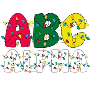 May include: A colorful graphic featuring the letters "ABC" in red, green, and yellow, each adorned with string lights. Below, the word "ALPHA" is outlined in white, also decorated with string lights. The design is set against a white background.