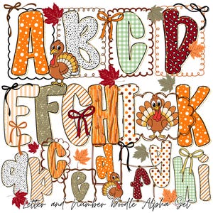 May include: A colorful alphabet set with letters A through K, each with a unique pattern and design. The letters are decorated with fall leaves, bows, and cartoon turkeys. The text "Letter and Number Doodle Alpha Set" is at the bottom.