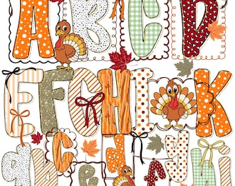 May include: A colorful alphabet set with letters A through K, each with a unique pattern and design. The letters are decorated with fall leaves, bows, and cartoon turkeys. The text "Letter and Number Doodle Alpha Set" is at the bottom.
