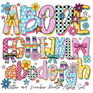 Letras del alfabeto de primavera retro / fuente alfa de garabato Letra y número / Coqueta de maestro de escuela / Alfabeto floral de primavera / Flor / Lazo