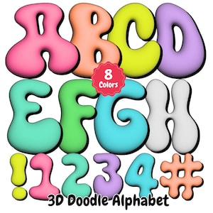 Groovy Back to School 3D Alfabeto y números de neón hinchados inflados: letra 3D, diseño inflado, PNG de fuente de maestro de escuela, conjunto alfa