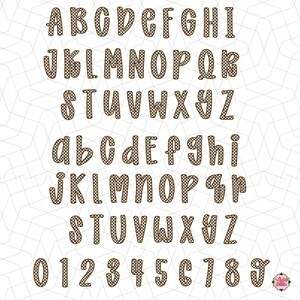 May include: A digital alphabet and number set featuring uppercase and lowercase letters and digits zero through nine. Each character has a brown and white checkered pattern with a thick brown outline, presented in a rounded, bubble-style font.