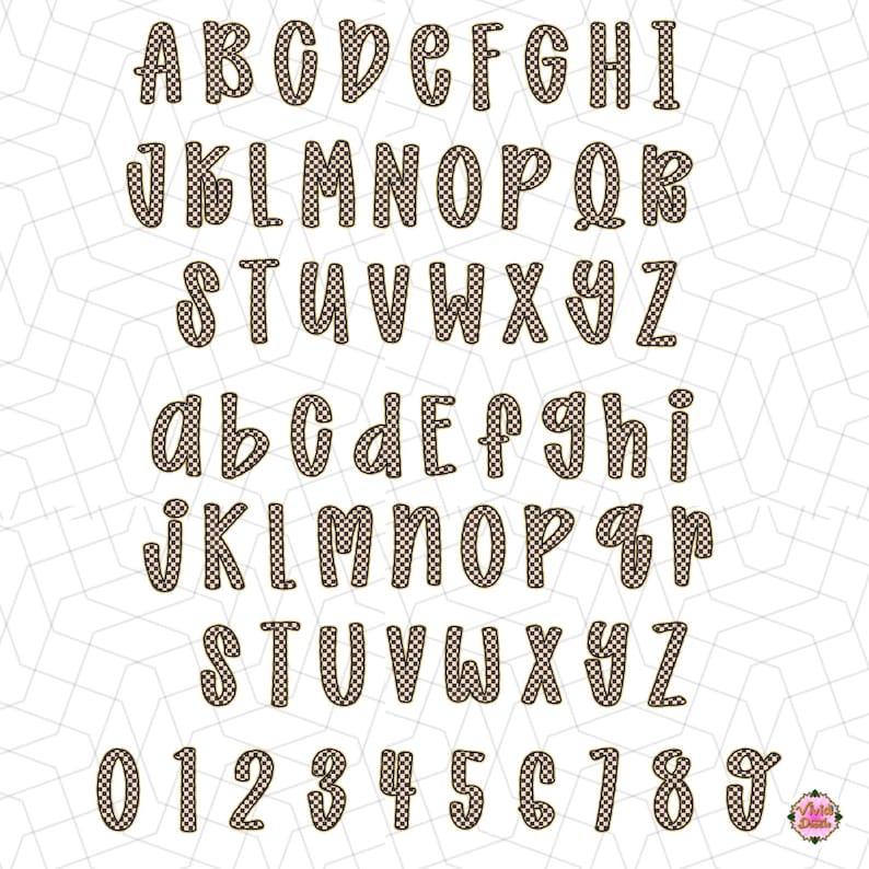 May include: A digital alphabet and number set featuring uppercase and lowercase letters and digits zero through nine. Each character has a brown and white checkered pattern with a thick brown outline, presented in a rounded, bubble-style font.