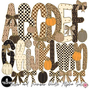 May include: A digital alphabet set featuring letters A through N decorated with leopard print, checkered patterns, and polka dots. The design includes various pumpkins and bows in shades of orange, black, tan, and cream. Text reads 8 Color Designs Alphabet set.