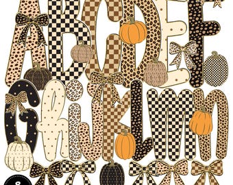 May include: A digital alphabet set featuring letters A through N decorated with leopard print, checkered patterns, and polka dots. The design includes various pumpkins and bows in shades of orange, black, tan, and cream. Text reads 8 Color Designs Alphabet set.