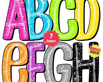 Back to School Neon Grunge Doodle Alphabet & Numbers: Distressed Summer School Teacher Font PNGs, Neon Letters, Alpha Set, School Alphabet