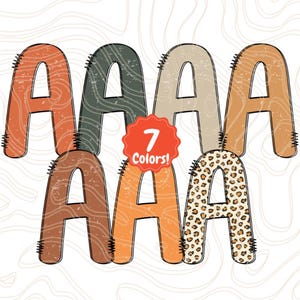 May include: Seven colorful letter A designs in various shades of orange, brown, and green, with a leopard print option. Each letter has a stitched border. The image includes the text "7 Colors!"
