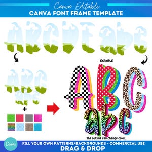 Modello di cornice per lettere scarabocchio a 3 strati su Canva / Design a sublimazione / Motivo di riempimento personalizzato / Cornice per caratteri Canva / Alfabeto da riempire / Monogramma