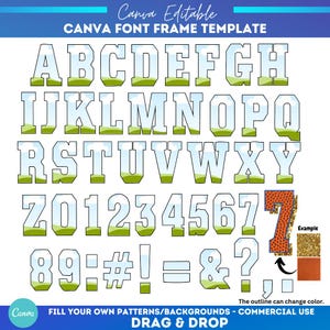 May include: Editable Canva font frame template with a sky and grass background. The template includes uppercase letters, numbers, and symbols. An example shows the number 7 with a basketball texture.