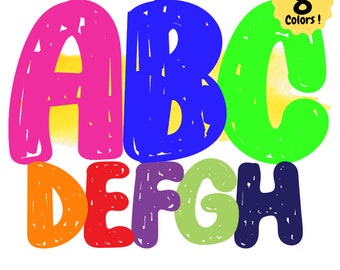 kid Distressed Letters PNG, Kid School font, Bright Doodle Alphabet, Alpha Set, Teacher font, Hand Drawn Alpha pack, Grunge Alphabet PNG