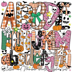 May include: A colorful Halloween-themed alphabet set with letters A through M and a through h. Each letter features unique patterns, including pumpkins, bats, skulls, and bows. The words "Letter and Number Doodle Alpha Set" are at the bottom.