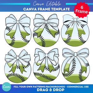 Modello di cornice Canva personalizzata per softball e baseball con fiocco Coquette / Modello Canva / cornice trascina e rilascia / crea il tuo png / Pacchetto cornici Canva