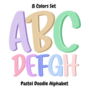 Conjunto de letras de rabiscos em tons pastel: PNGs de fontes manuscritas e coloridas para jardim de infância e escola para professores, fontes brilhantes para rabiscos e rabiscos