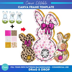 Coquete e miçangas Coelho Coelho com laço Moldura Canva | Pacote de modelos Coquete Canva | arraste e solte molduras Canva | Sublimação do dia da Páscoa