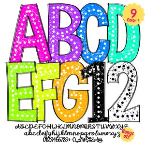 Lettres néon dalmatien à pois PNG : rétro, gras, grunge, effet vieilli, alphabet PNG dessinés à la main - polices colorées, maternelle, scolaire, enseignant