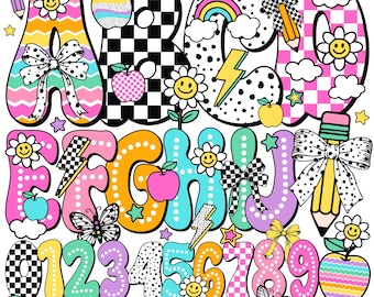 Preppy Dotted Back To School Teacher alphabet | Doodle alpha font | First Day of School | Bruh We Back Teachers | Coquette bow