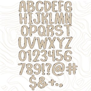 May include: A complete alphabet and number set in a playful, stitched font. The letters and numbers are a light tan color with a textured appearance, outlined in black. Symbols like the exclamation point, question mark, at symbol, and dollar sign are also included.