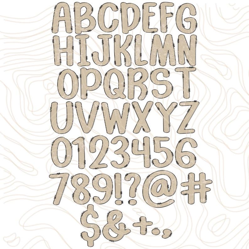 May include: A complete alphabet and number set in a playful, stitched font. The letters and numbers are a light tan color with a textured appearance, outlined in black. Symbols like the exclamation point, question mark, at symbol, and dollar sign are also included.