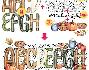 May include: Digital alphabet set with fall-themed illustrations. The letters A through H are in various colors and patterns. Includes bonus clipart of pumpkins, apples, pie, and mugs. Also includes 28 patterns.