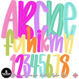 May include: A digital graphic set featuring the letters A through E and F through N, plus numbers 1 through 8, rendered in a hand-drawn doodle style with vibrant colors including pink, purple, teal, yellow, orange, and lime green.