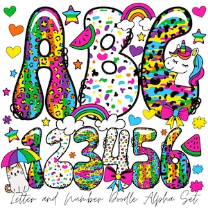 May include: A colorful doodle set featuring the letters A, B, and 6, and the numbers 1 through 6. The letters and numbers have rainbow, leopard, and confetti patterns. The set includes a unicorn, cat, rainbows, hearts, stars, and watermelon slices. The text reads "Letter and Number Doodle Alpha Set."