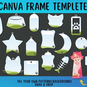 Katzenmarken-Rahmenvorlagen, Designen Sie Ihr eigenes Katzenschild, personalisierter Katzenaufkleber, Ziehen und Ablegen (Canva Frame Bundle), füllen Sie Ihren eigenen Rahmen
