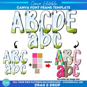 Canva Retro Alphabet Rahmen | Sublimationsdruck | Benutzerdefiniertes Füllmuster | Füllen Sie das Feld Schrift Alphabet | Keilrahmen Monogramm | Canva Alpha-Schriften
