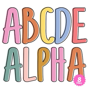 Peut inclure: Lettres de l'alphabet colorées dans une variété de couleurs, notamment le rose, l'orange, le jaune, le bleu, le vert et le rouge. Les lettres sont soulignées en noir et ont un style arrondi et ludique. Le mot "ALPHA" est également inclus dans l'image, chaque lettre étant d'une couleur différente.