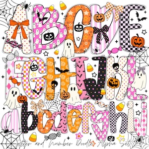 May include: A colorful Halloween-themed alphabet set. Each letter is uniquely designed with patterns like polka dots, stripes, and checkered prints. The letters are adorned with pumpkins, ghosts, bats, and candy corn, creating a festive and playful look.