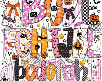 May include: A colorful Halloween-themed alphabet set. Each letter is uniquely designed with patterns like polka dots, stripes, and checkered prints. The letters are adorned with pumpkins, ghosts, bats, and candy corn, creating a festive and playful look.