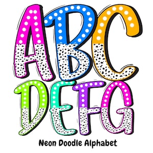 Neon Colorful Half Dalmatian Dot Handwritten Doodle Alphabet Font Set PNG - Bright, Kindergarten, School, Teacher Materials