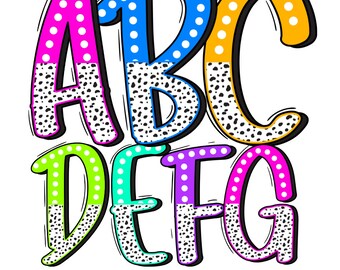 Neon Colorful Half Dalmatian Dot Handwritten Doodle Alphabet Font Set PNG - Bright, Kindergarten, School, Teacher Materials